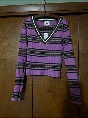 BDG URBAN OUTFITTER cropped sweater striped v neck sz L fitted ribbed pink brown